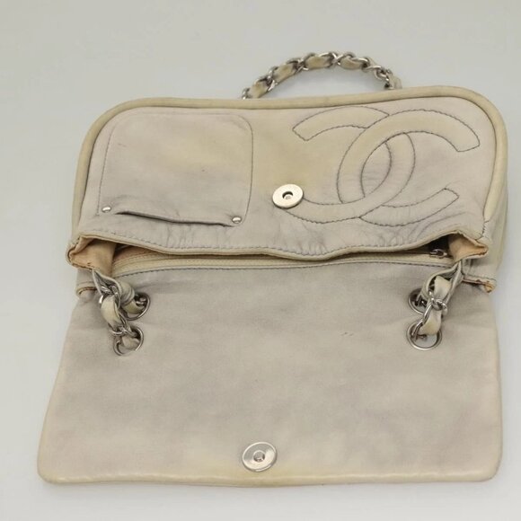 CHANEL Chain Shoulder Bag Lamb Skin Ivory Silver CC Auth 134523 - Picture 10 of 16
